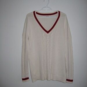 Elegant Ivory V-Neck Sweater with Red Trim